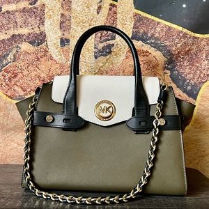 Michael Kors Carmen Satchel Olive & White with Gold Hardware